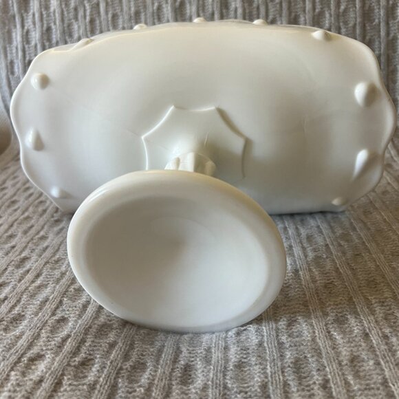 Vintage Milk Glass Banana Boat Pedestal Dish - Teardrop - Dot Pattern by Indiana - Picture 10 of 11